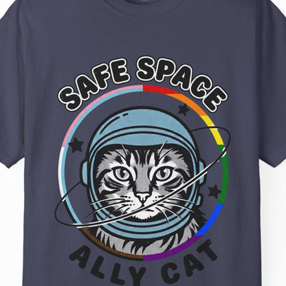 Gay pride blue tee featuring a cat astronaut inside a rainbow ring with Safe Space Ally Cat design by Queer Energy.