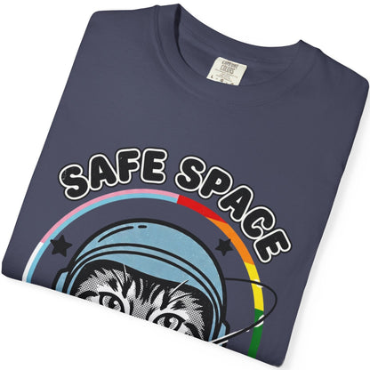 Gay pride folded blue tee featuring a cat astronaut inside a rainbow ring with Safe Space Ally Cat design by Queer Energy.