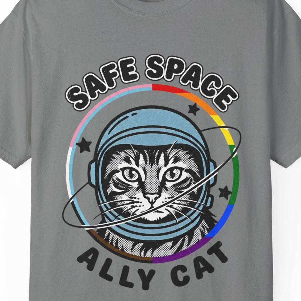 Gay pride gray tee featuring a cat astronaut inside a rainbow ring with Safe Space Ally Cat design by Queer Energy.
