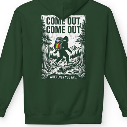Gay pride green hoodie featuring Come Out, Come Out, Wherever You Are - Bigfoot design with Progress Pride backpack on the back by Queer Energy