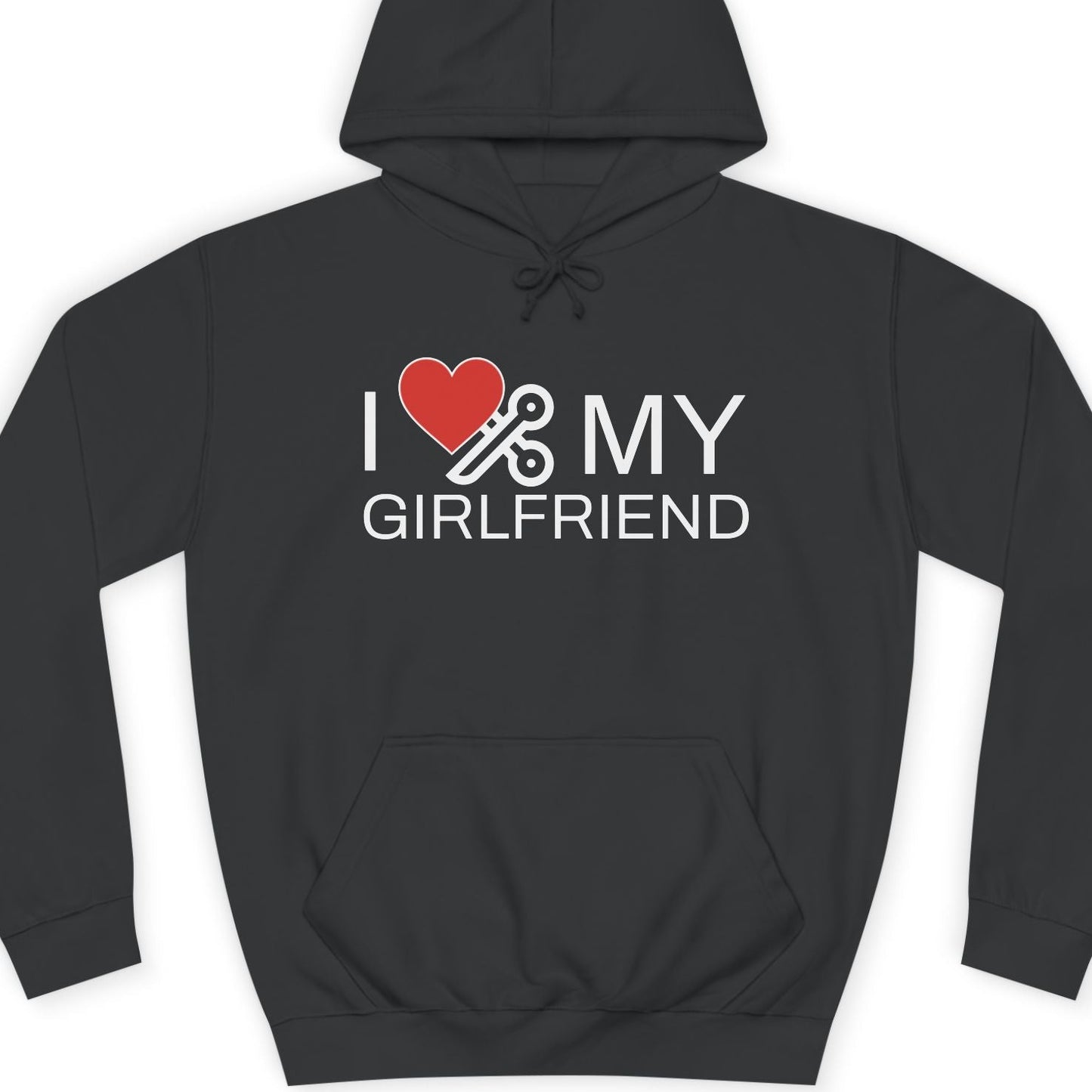 hoodie with 'I ❤️ MY GIRLFRIEND' text on a white background hoodie in dark gray