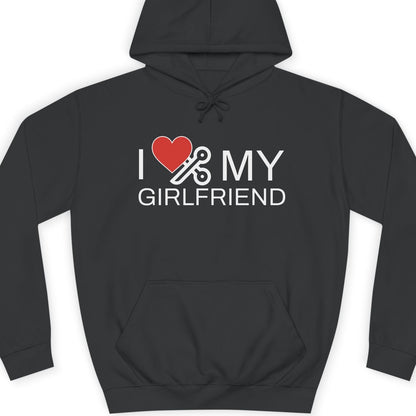 hoodie with 'I ❤️ MY GIRLFRIEND' text on a white background hoodie in dark gray