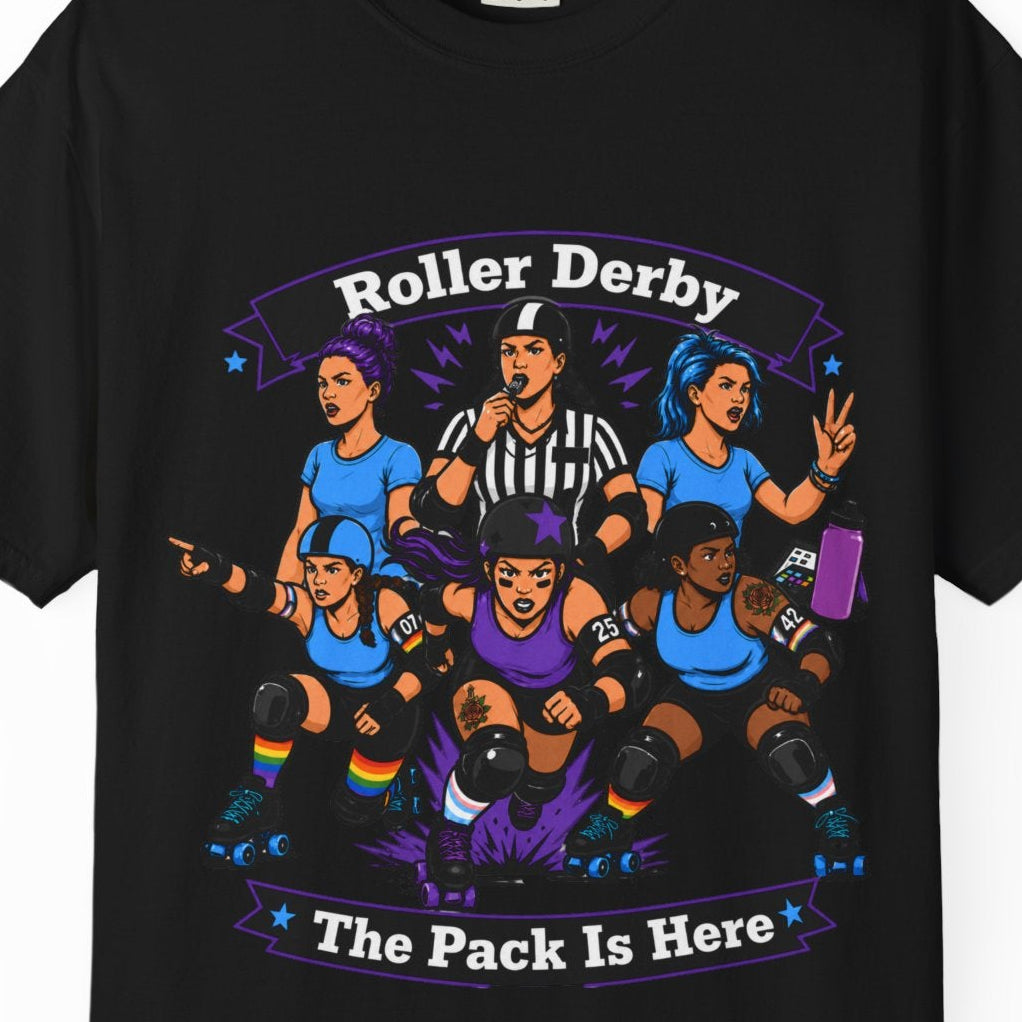 Gay pride roller derby black tee featuring a pack of skaters, referee, and "The Pack Is Here" graphic designed by Queer Energy.