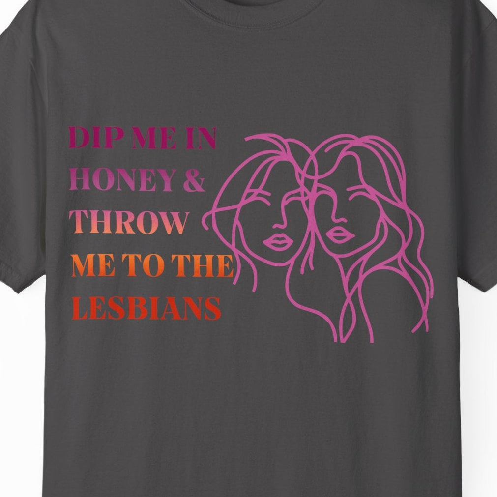 Gay pride t-shirt featuring Dip Me in Honey & Throw Me to the Lesbians design in lesbian flag colors with line drawing of two lesbians by Queer Energy in gray. 