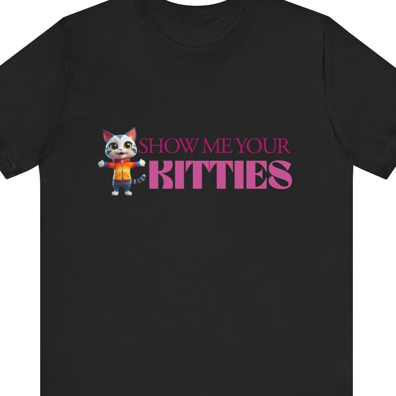 Black t-shirt with a cartoon cat and text in Lesbian flag colors 'Show Me Your Kitties' on a white background