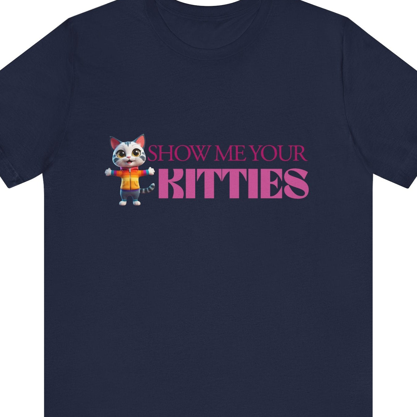 Navy blue t-shirt with cartoon cat and text 'Show Me Your Kitties' in Lesbian flag colors on a white background