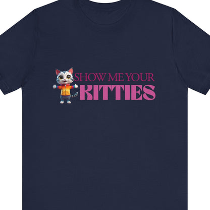 Navy blue t-shirt with cartoon cat and text 'Show Me Your Kitties' in Lesbian flag colors on a white background