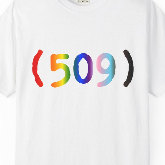 White t-shirt with an LGBTQ Progress Flag '(509)' design on a white background