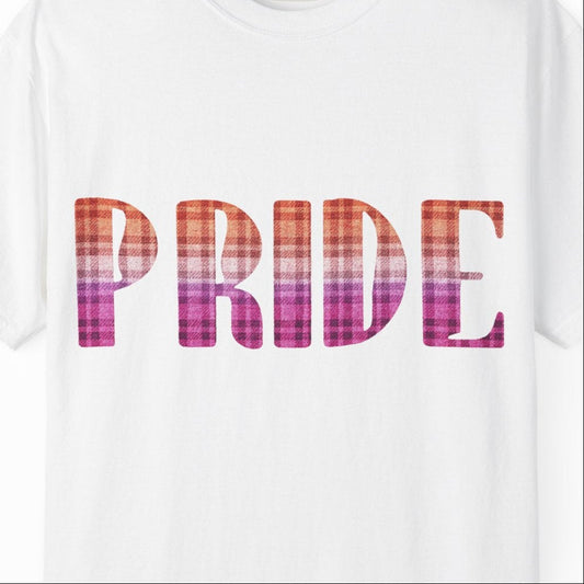 Gay pride white tee featuring PRIDE in lesbian plaid-inspired colors, sapphic flannel aesthetic, Designed by Queer Energy.