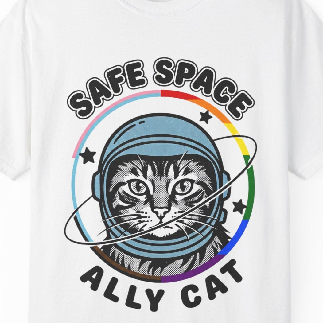 Gay pride white tee featuring a cat astronaut inside a rainbow ring with Safe Space Ally Cat design by Queer Energy.