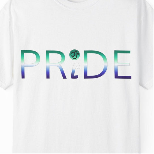 Gay pride white t-shirt featuring PRIDE in gay male pride flag colors with embedded male symbol, Designed by Queer Energy.
