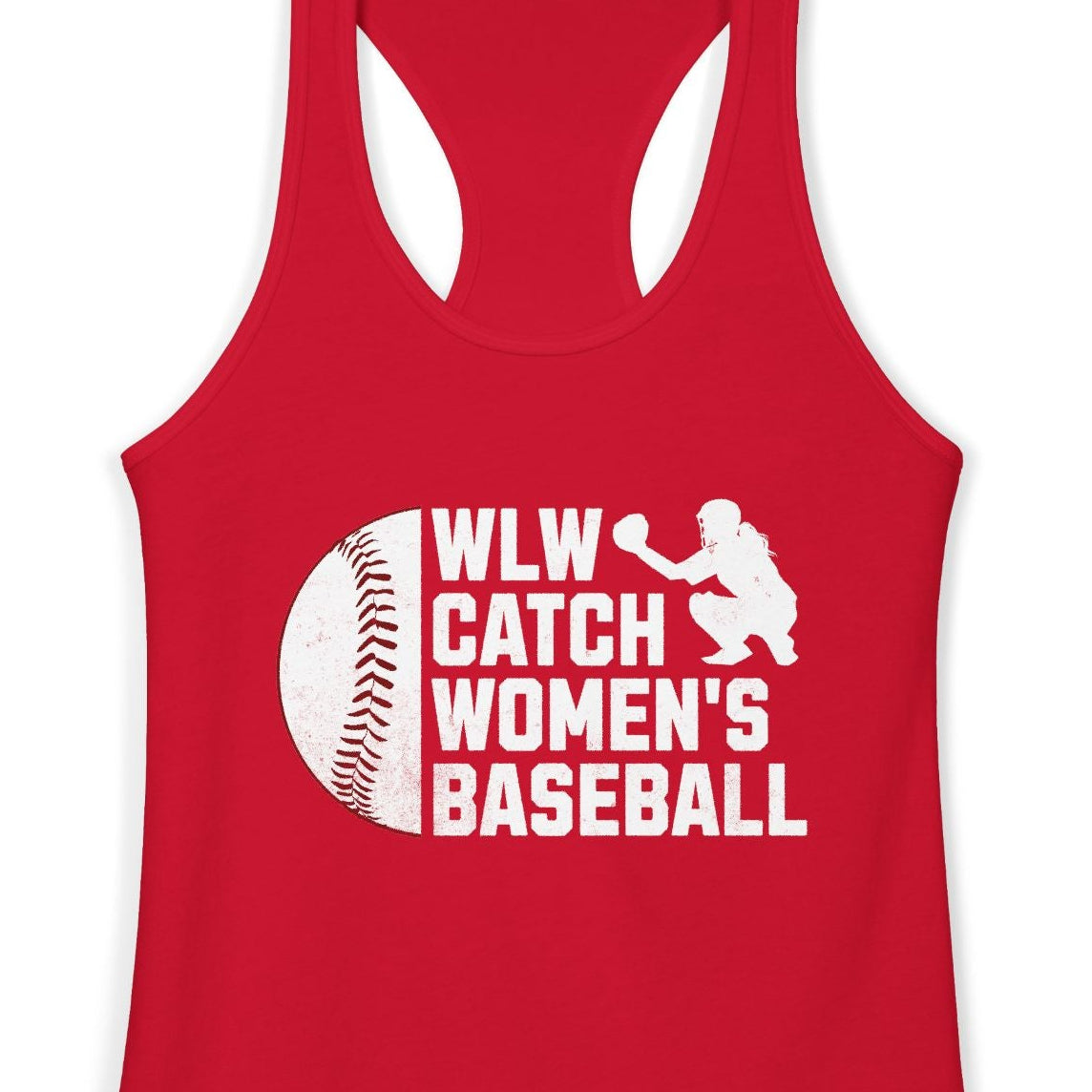 Gay red pride racerback tank featuring WLW Catch Women's Baseball design with baseball and catcher silhouette for lesbian and women's baseball fans. Designed by Queer Energy.