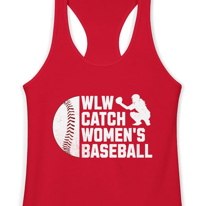 Gay red pride racerback tank featuring WLW Catch Women's Baseball design with baseball and catcher silhouette for lesbian and women's baseball fans. Designed by Queer Energy.