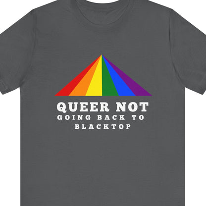 Gray t-shirt with rainbow crosswalk and white text on a white background