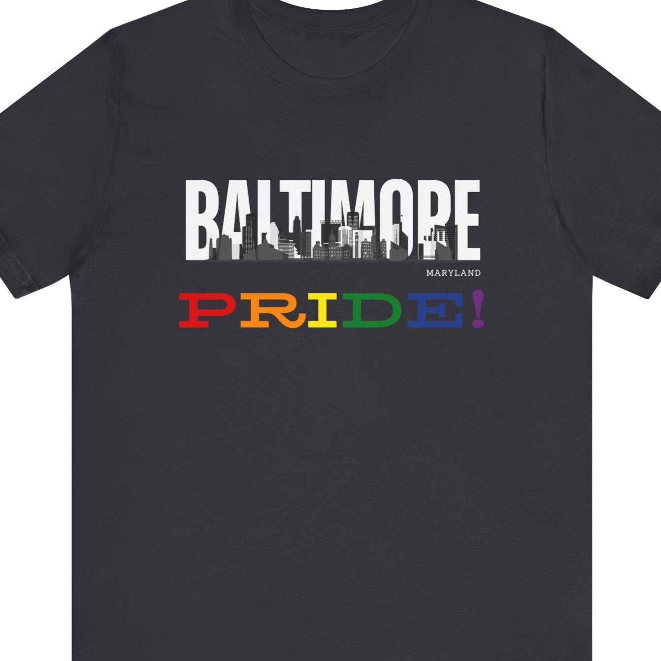 gray Gay pride t-shirt featuring the Baltimore skyline with rainbow accents – Designed by Queer Energy