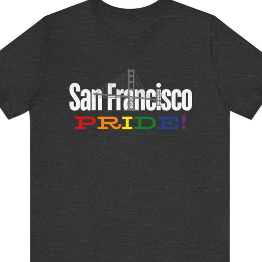 Gray Gay pride t-shirt featuring the San Francisco skyline with rainbow accents and the Golden Gate Bridge – Designed by Queer Energy
