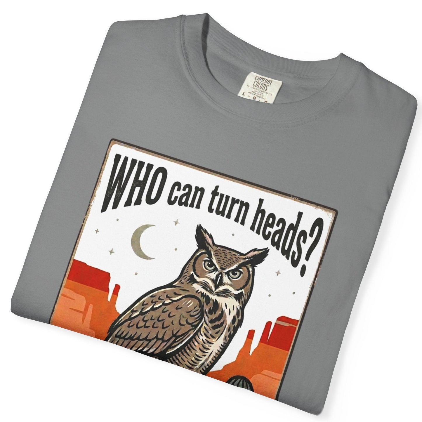 Gray folded Gay pride tee featuring an owl with the phrase "WHO Can Turn Heads? Older Wiser Lesbians" in a vintage desert design by Queer Energy.