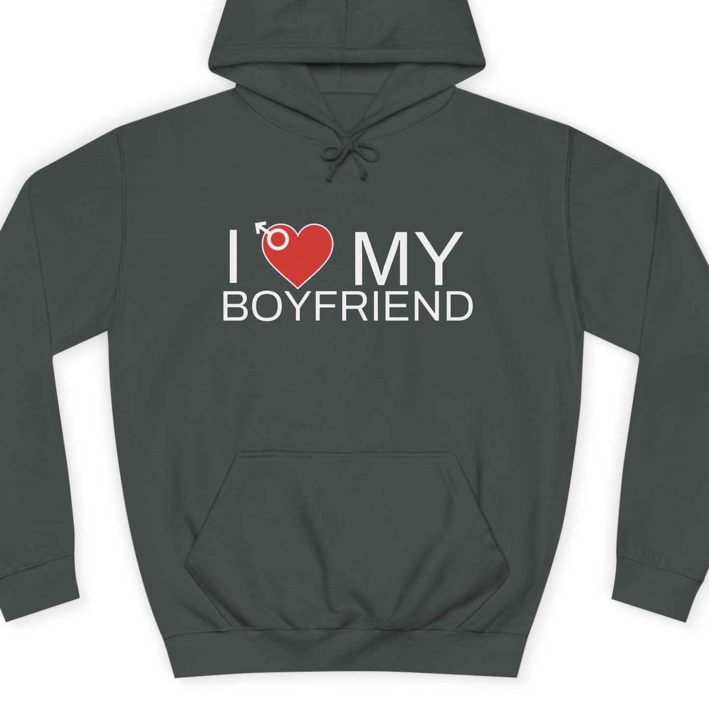 Gray hoodie with 'I ❤️ MY BOYFRIEND' text on a white background