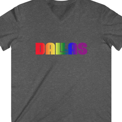 Grey gay pride tee that says Dallas in LGBTQ Pride colors. Designed by Queer Energy
