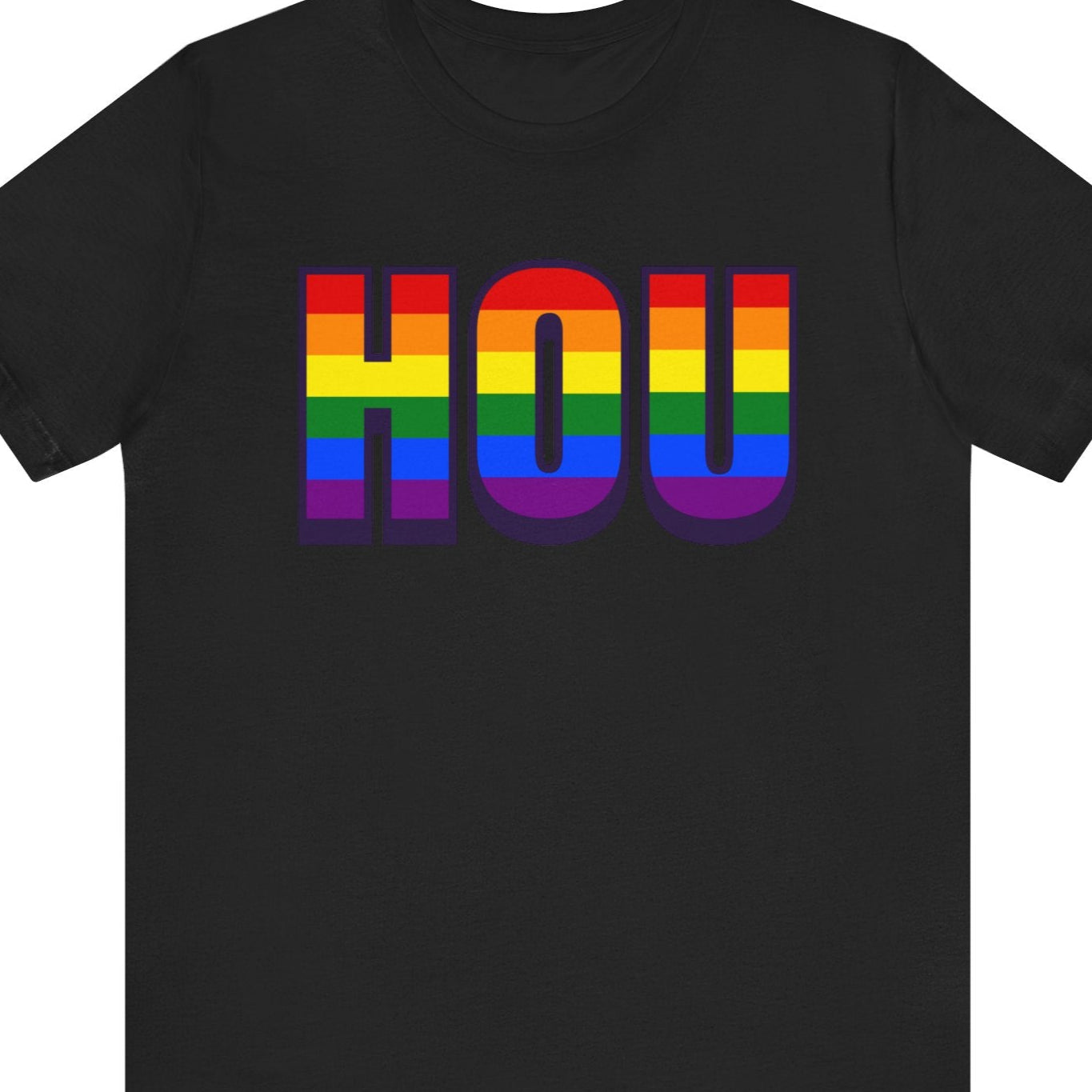 Black T-shirt that says HOU | Houston | Pride tee with the text in Pride rainbow colors