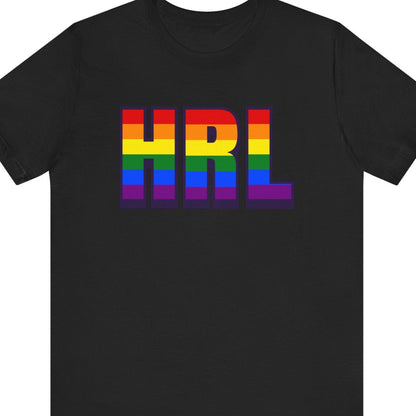 Black T-shirt that says HRL | Harlingen | Pride tee with the text in Pride rainbow colors