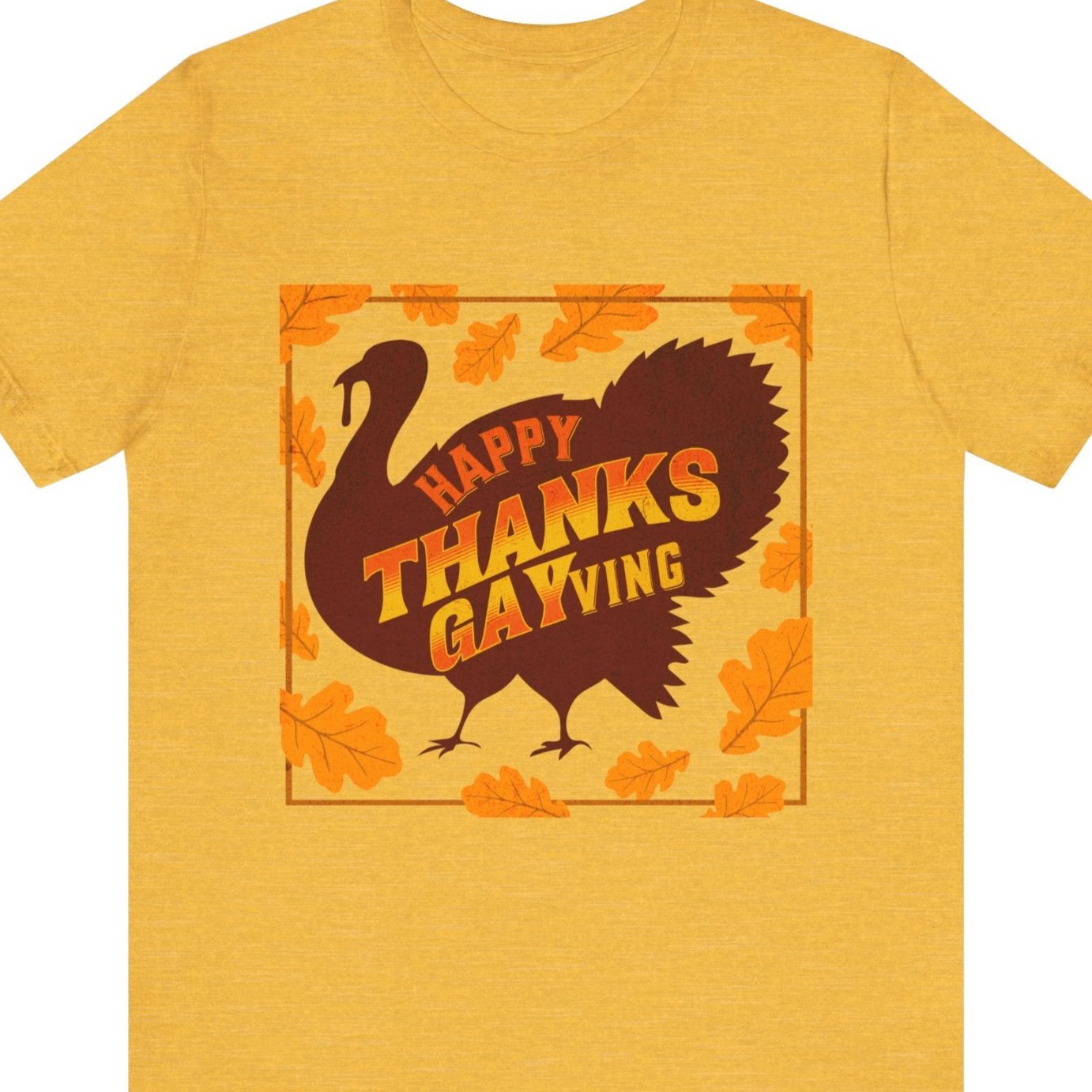 Gay pride t-shirt featuring Happy Thanks-GAYving funny LGBTQ+ Thanksgiving design – Designed by Queer Energy in yellow