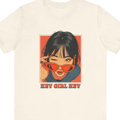 Gay pride t-shirt featuring Hey Girl Hey flirty lesbian LGBTQ+ design – Designed by Queer Energy in tan