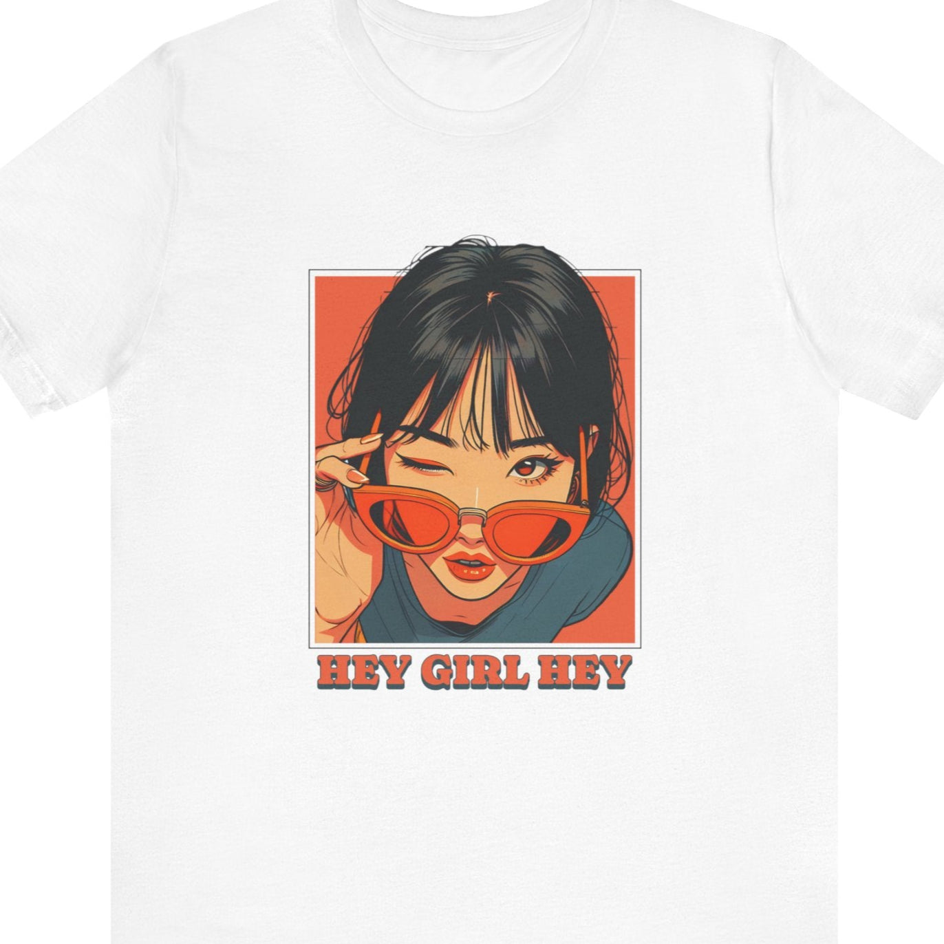 Gay pride t-shirt featuring Hey Girl Hey flirty lesbian LGBTQ+ design – Designed by Queer Energy in white