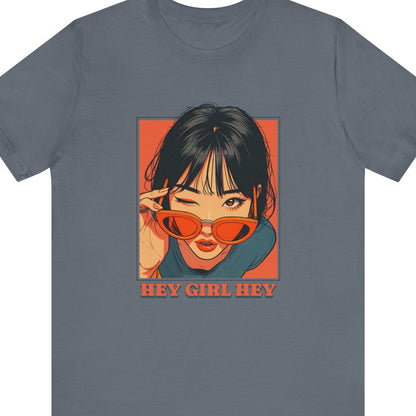 Gay pride t-shirt featuring Hey Girl Hey flirty lesbian LGBTQ+ design – Designed by Queer Energy in gray