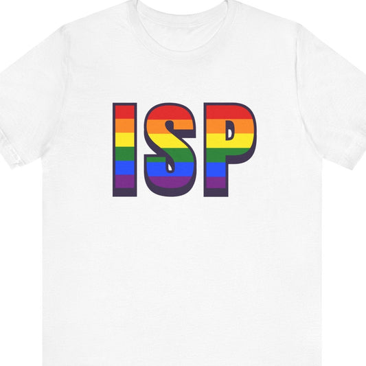 White T-shirt that says ISP | Long Island MacArthur Airport | Pride tee with the text in Pride rainbow colors