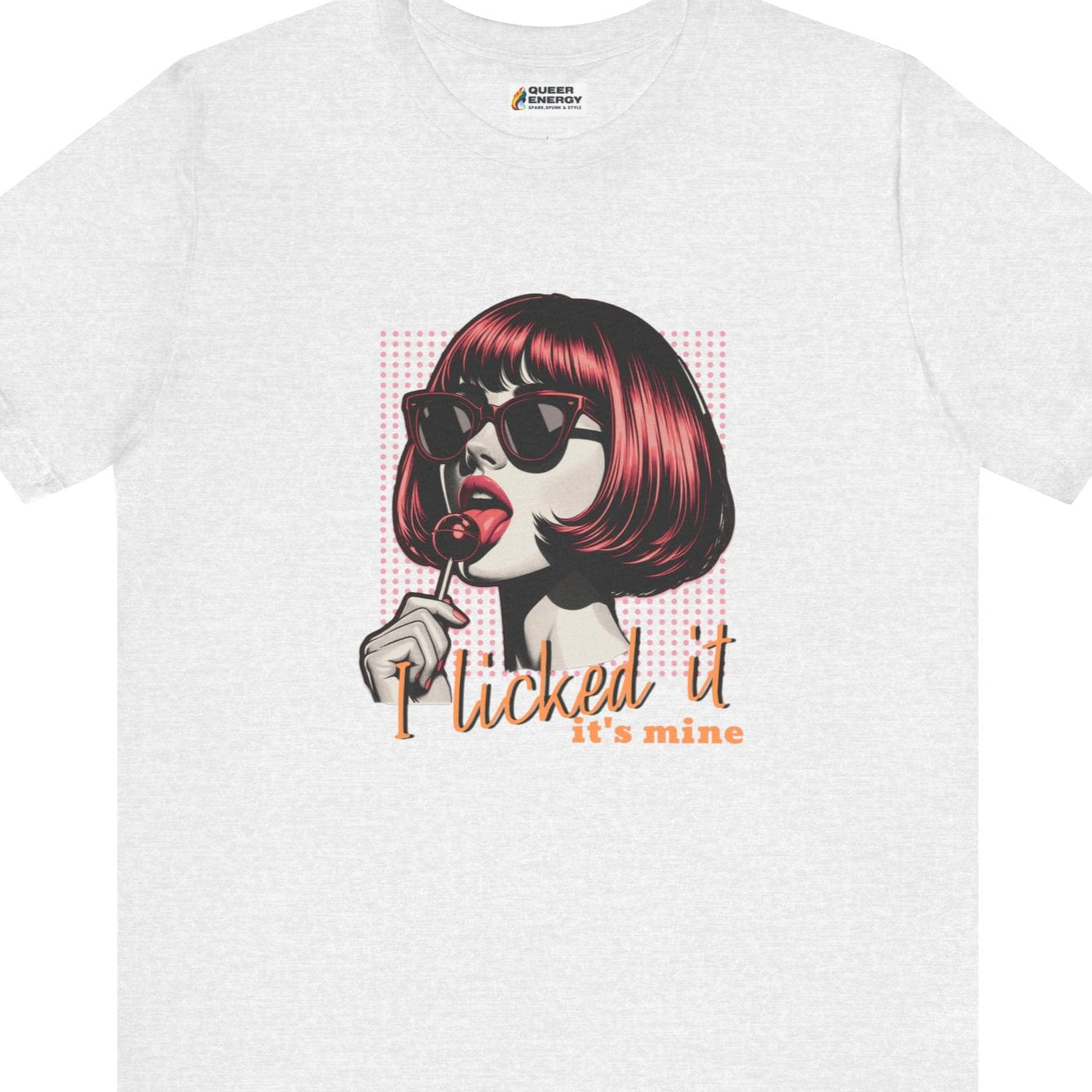 Gay pride t-shirt featuring I Licked It, It’s Mine funny sapphic design with red-haired woman licking a lollipop in rainbow colors by Queer Energy in light gray