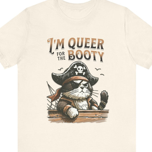 Gay pride t-shirt featuring I'M QUEER for the BOOTIE funny LGBTQ+ Halloween design – Designed by Queer Energy in tan