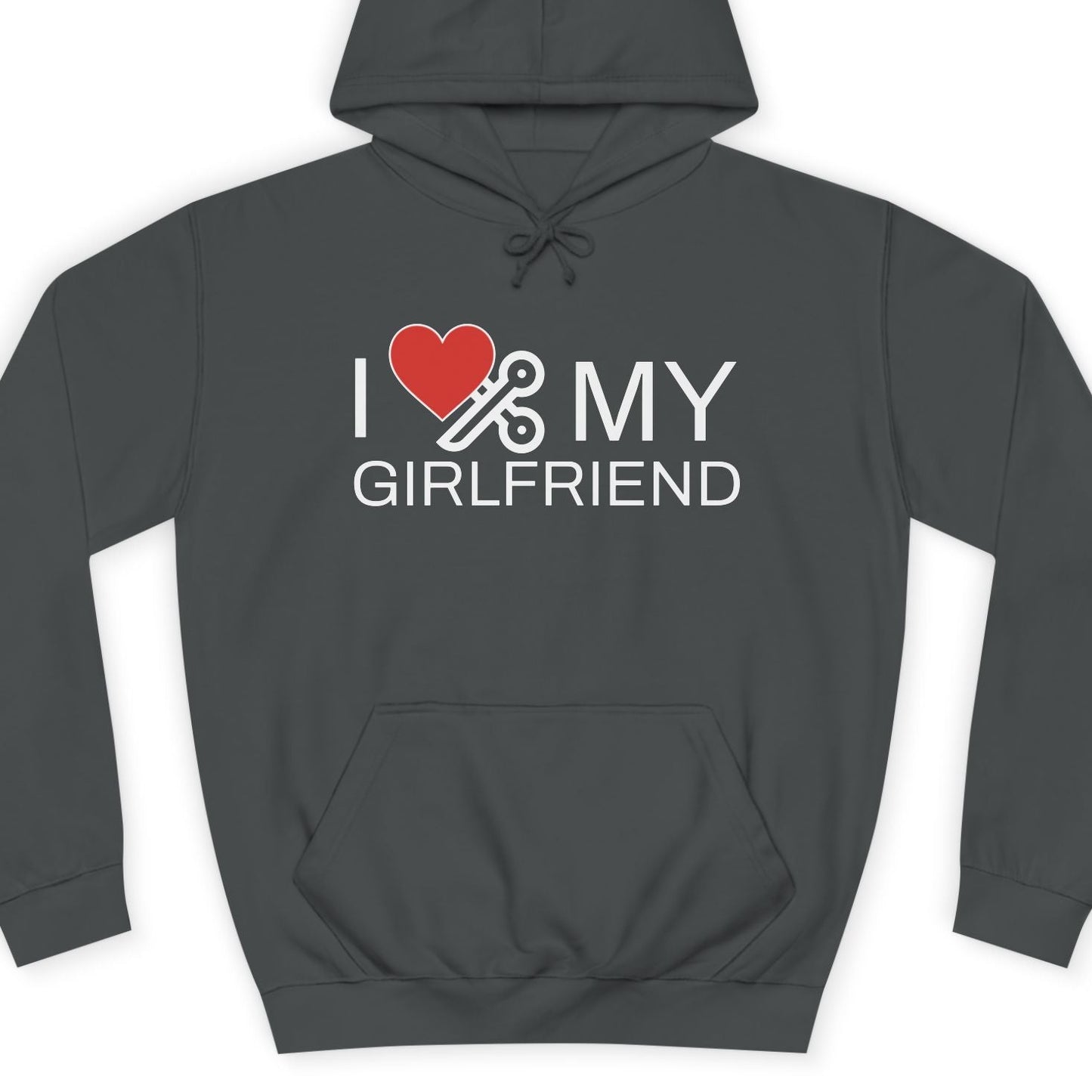 'I ❤️ MY GIRLFRIEND' text on a Gray hoodie with white background