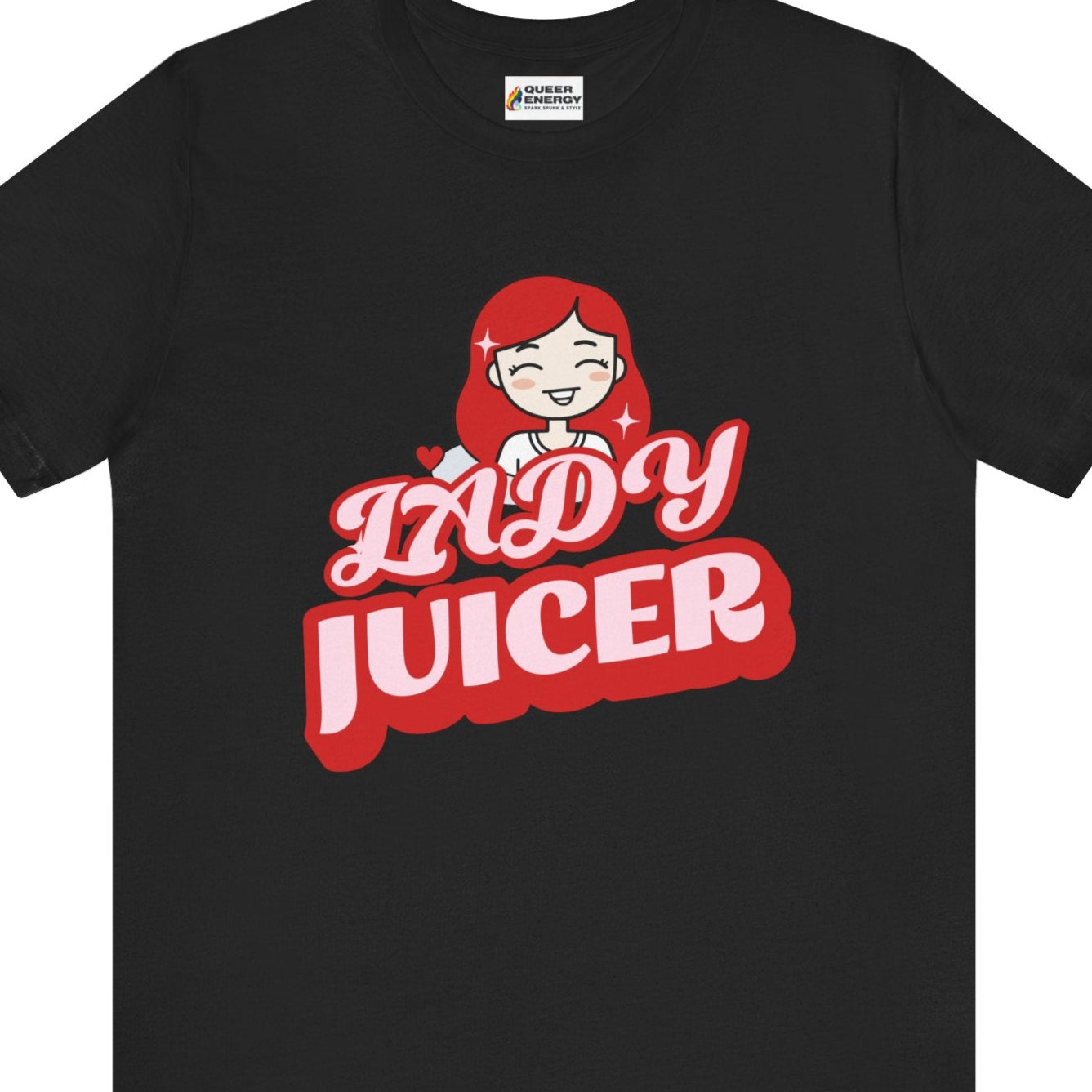 Gay pride t-shirt featuring Lady Juicer funny design for lady lovers – Designed by Queer Energy in black