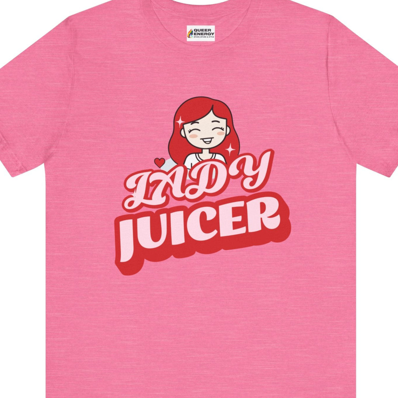 Gay pride t-shirt featuring Lady Juicer funny design for lady lovers – Designed by Queer Energy in pink