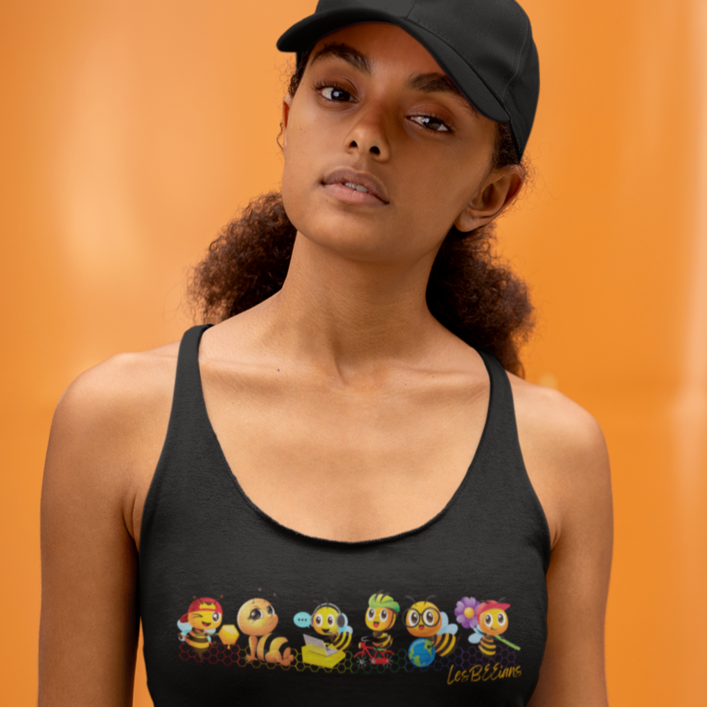 Mockup of a lesbian wearing a racerback tank top that has 6 bee's each a color of the LGBTQ rainbow with different gay personalities 