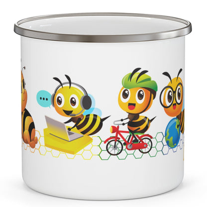 LesBEEians enamel camping mug with a vibrant design of six bees, each representing a different lesbian personality – Designed by Queer Energy side with nerd bee