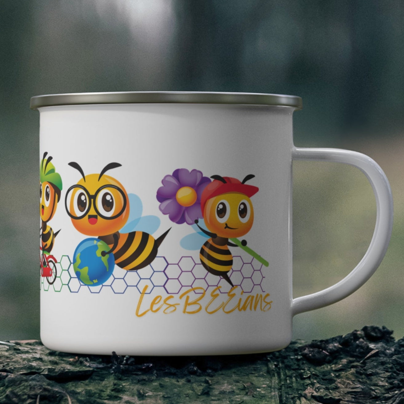 LesBEEians enamel camping mug with a vibrant design of six bees, each representing a different lesbian personality – Designed by Queer Energy outdoor mockup
