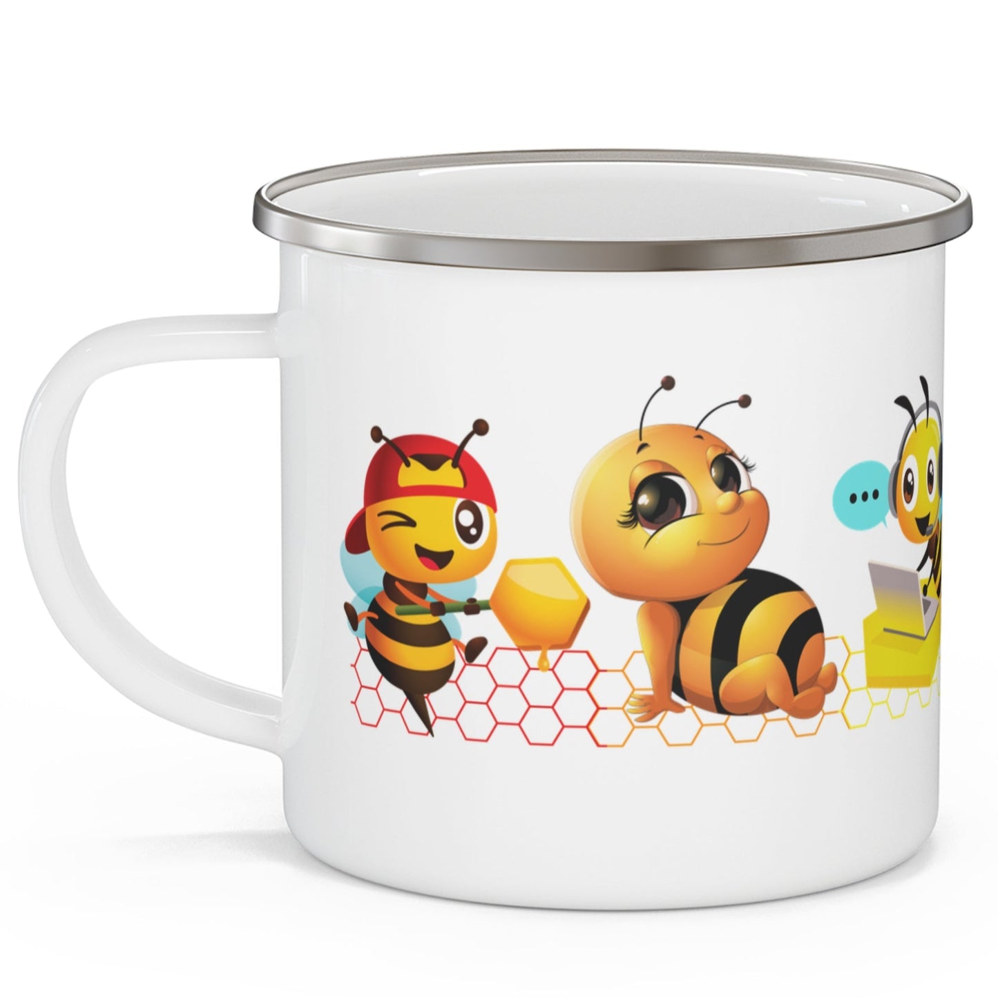 LesBEEians enamel camping mug with a vibrant design of six bees, each representing a different lesbian personality – Designed by Queer Energy side with sporty bee