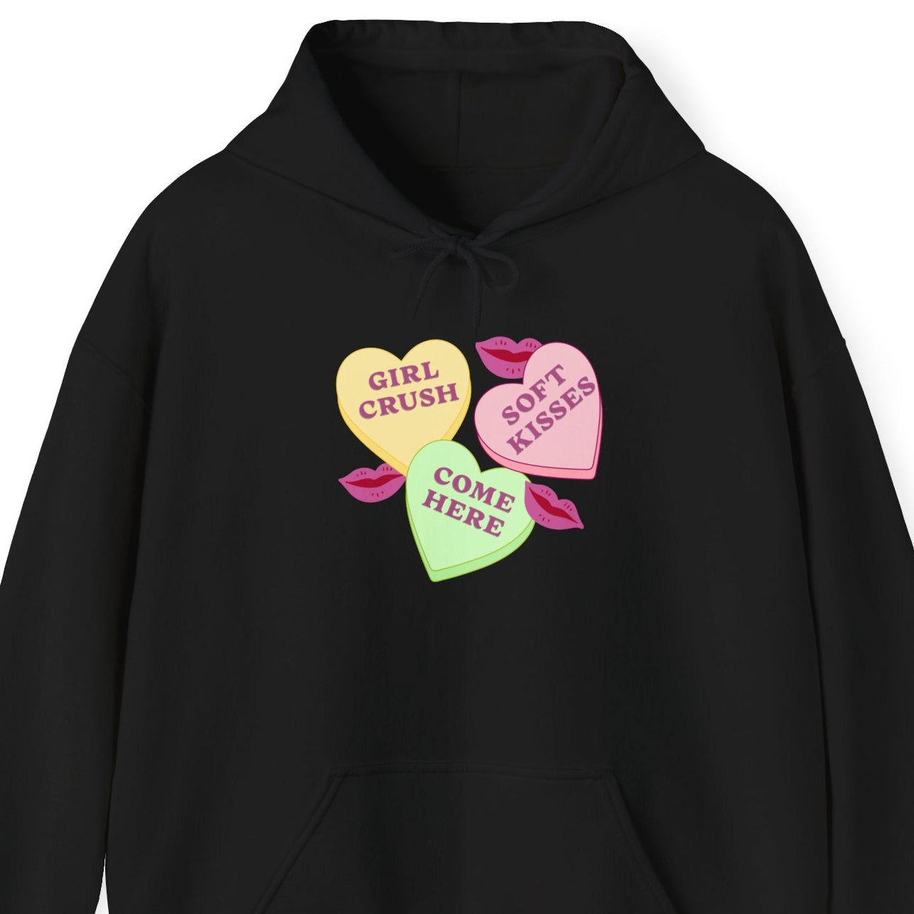 Gay pride t-shirt featuring Candy Hearts design with “Girl Crush,” “Soft Kisses,” and “Come Here” Sapphic hoodie by Queer Energy in black