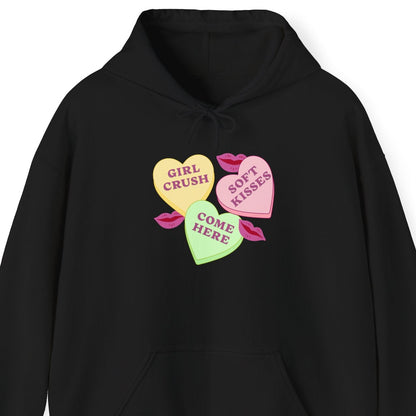 Gay pride t-shirt featuring Candy Hearts design with “Girl Crush,” “Soft Kisses,” and “Come Here” Sapphic hoodie by Queer Energy in black
