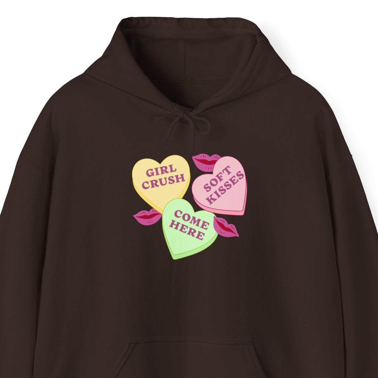 Gay pride t-shirt featuring Candy Hearts design with “Girl Crush,” “Soft Kisses,” and “Come Here” Sapphic hoodie by Queer Energy in brown