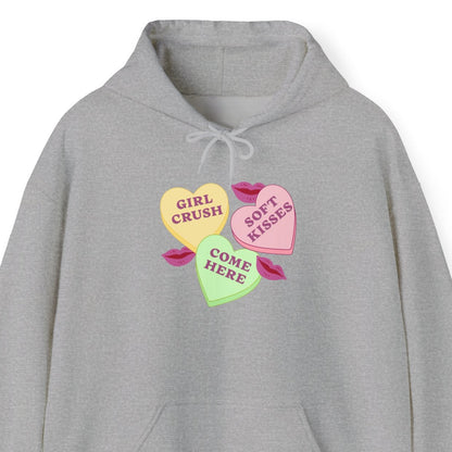 Gay pride t-shirt featuring Candy Hearts design with “Girl Crush,” “Soft Kisses,” and “Come Here” Sapphic hoodie by Queer Energy in gray