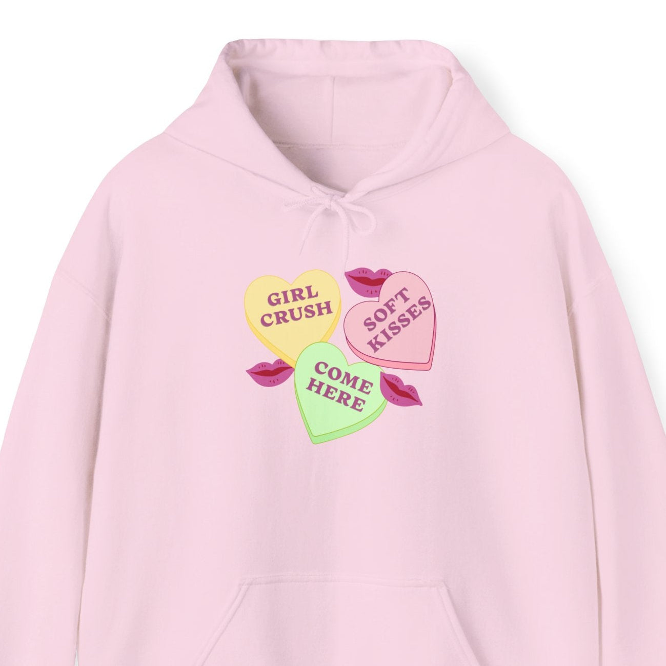 Gay pride t-shirt featuring Candy Hearts design with “Girl Crush,” “Soft Kisses,” and “Come Here” Sapphic hoodie by Queer Energy in pink