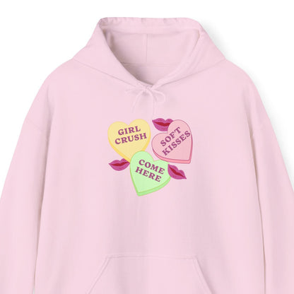 Gay pride t-shirt featuring Candy Hearts design with “Girl Crush,” “Soft Kisses,” and “Come Here” Sapphic hoodie by Queer Energy in pink