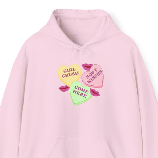 Gay pride t-shirt featuring Candy Hearts design with “Girl Crush,” “Soft Kisses,” and “Come Here” Sapphic hoodie by Queer Energy in pink