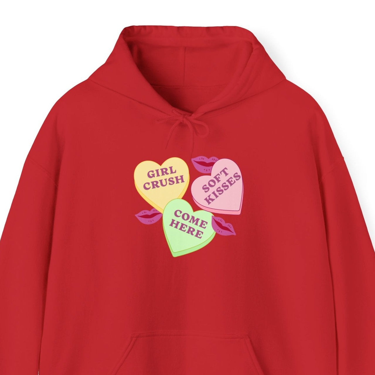 Gay pride t-shirt featuring Candy Hearts design with “Girl Crush,” “Soft Kisses,” and “Come Here” Sapphic hoodie by Queer Energy in red