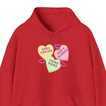 Gay pride t-shirt featuring Candy Hearts design with “Girl Crush,” “Soft Kisses,” and “Come Here” Sapphic hoodie by Queer Energy in red