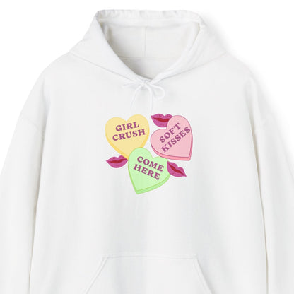 Gay pride t-shirt featuring Candy Hearts design with “Girl Crush,” “Soft Kisses,” and “Come Here” Sapphic hoodie by Queer Energy