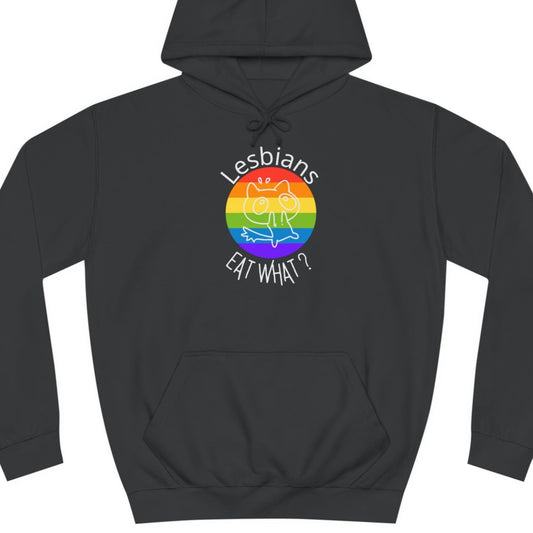Funny lesbian hoodie featuring Lesbians EAT WHAT? meme with scared cat – Designed by Queer Energy in black